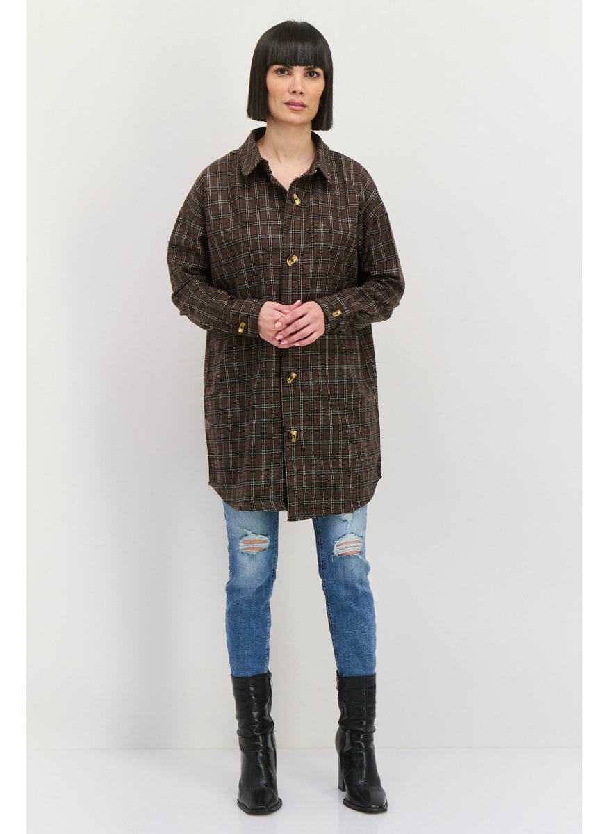 Heartbreak - Women Oversized Plaid Shirt Jacket, Brown - Image 1