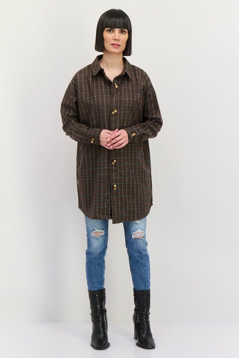 Heartbreak Women Oversized Plaid Shirt Jacket, Brown  - Image 4
