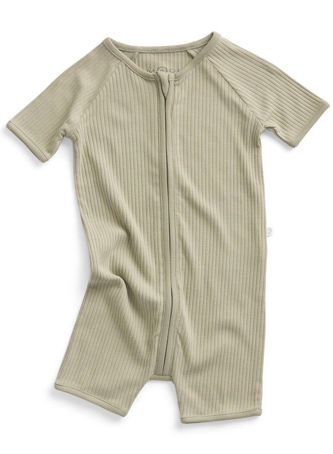 MORI Baby Unisex Summer Zip-Up Romper in Ribbed Sage - Viscose from Bamboo - Breathable Short Sleeve Pajama - Comfy Nightwear - 6-9 Months - Image 3