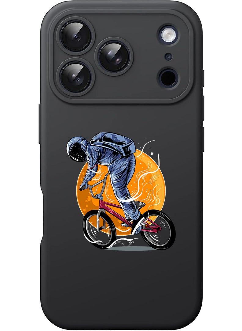 Theodor Protective Slim Fit Case Liquid Silicone Cover with Full Body Protection Anti-Scratch Shockproof Case For Apple iPhone 17 Pro Max (Black) Astronaut riding Bike - Image 1