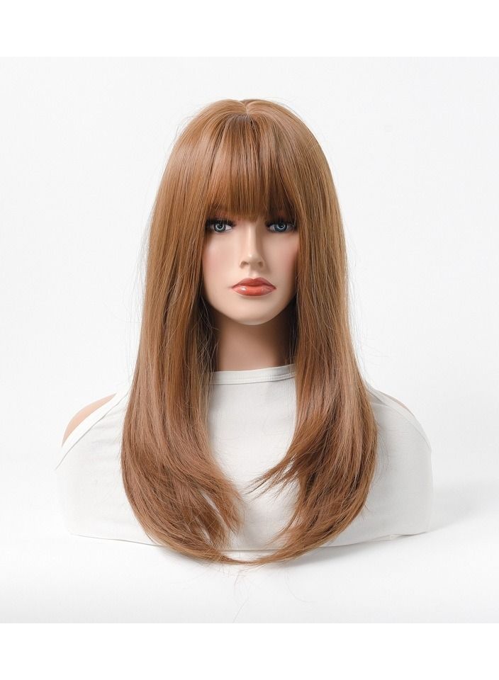 إستيل شعر مستعار كامل للباروكة الاصطناعية مقاومة للحرارة شعر مستعار طبيعي طويل مستقيم مع الانفجارات سيدة الألياف شعر مستعار أنيق بني فاتح 02 - Image 1