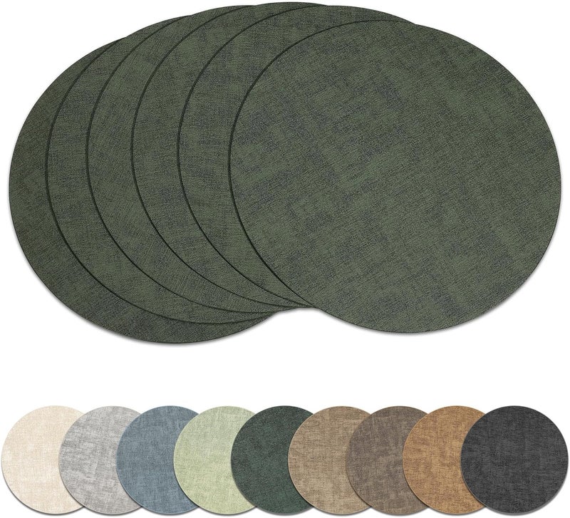 NCUE 13" Round Placemats Set of 6, Reversible Faux Leather Heat Resistant Table Mats, Waterproof Oilproof Wipeable Table Protective Placemats for Vinyl, Washable for Indoor & Outdoor Use (6, Dark Green) - Image 1