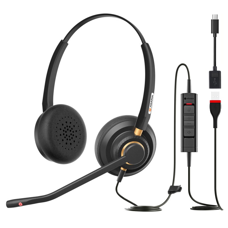 Arama USB Headset with Microphone for PC, Computer Headset, Noise Cancelling Adjustable Volume Control Lightweight Headsets with Microphone for Work, for Laptop Business Skype UC Webinar Call Center Office - Image 1