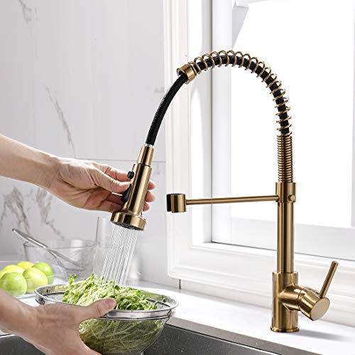 B Backline Brass Single Lever Kitchen Sink Mixer Tap | Pullout Faucet | 3 Water Flow Function | 360� Rotatable (Brushed Gold) - Image 1