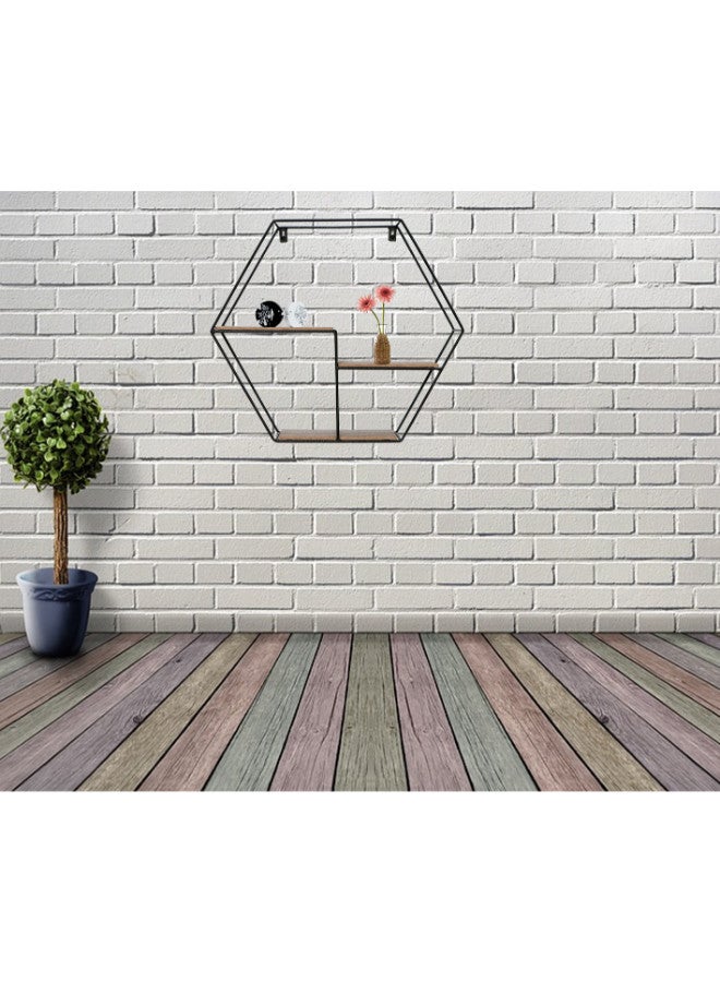 Feelings Feelings Metal Wire Hexagonal Wall Shelves For Space Saving Home Décor Made of D5 metal in black powder coating, 3.8mm MDF+PVC Decorative Display Shelf for Bedroom, Living Room, Bathroom, Office  - Image 2