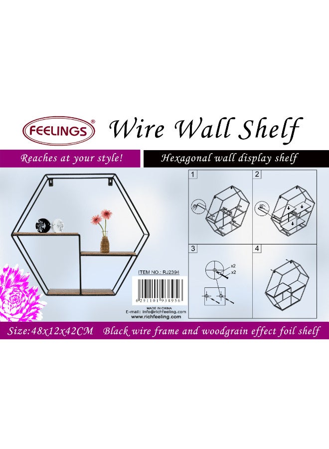 Feelings Feelings Metal Wire Hexagonal Wall Shelves For Space Saving Home Décor Made of D5 metal in black powder coating, 3.8mm MDF+PVC Decorative Display Shelf for Bedroom, Living Room, Bathroom, Office  - Image 4