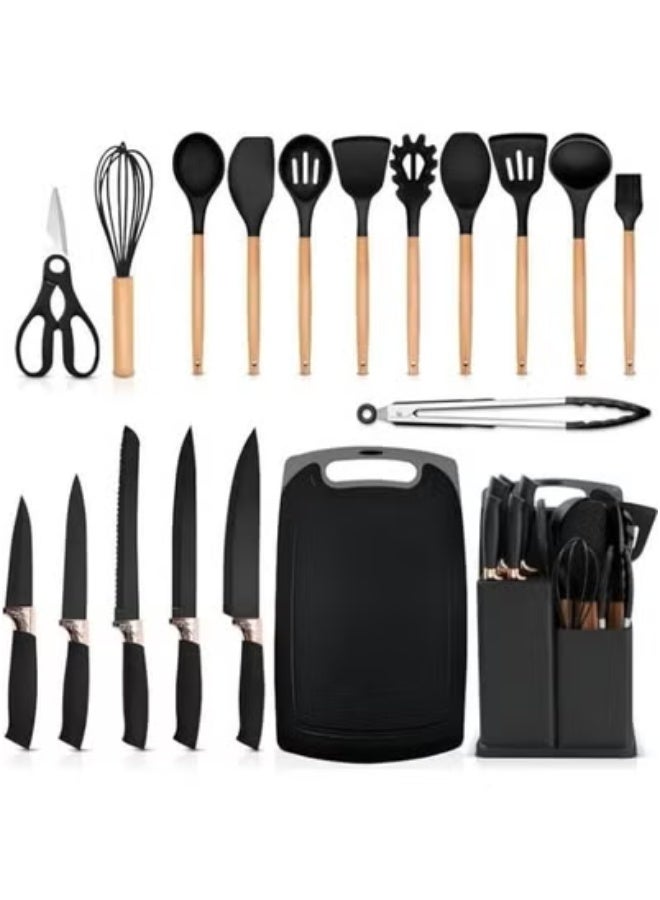تايجر 19-Piece Silicone Kitchen Utensil Set with Heat-Resistant Wooden Handles – Includes Stainless Steel Knives, Chopping Board, Nonstick Spatula, Turner, Spoon, Whisk, Tongs & Measuring Cups – Durable, Food-Grade Cooking Tools for All Cookware – Stylish & Safe for Home Chefs  - Image 1