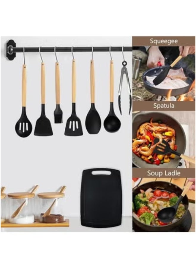 تايجر 19-Piece Silicone Kitchen Utensil Set with Heat-Resistant Wooden Handles – Includes Stainless Steel Knives, Chopping Board, Nonstick Spatula, Turner, Spoon, Whisk, Tongs & Measuring Cups – Durable, Food-Grade Cooking Tools for All Cookware – Stylish & Safe for Home Chefs  - Image 2