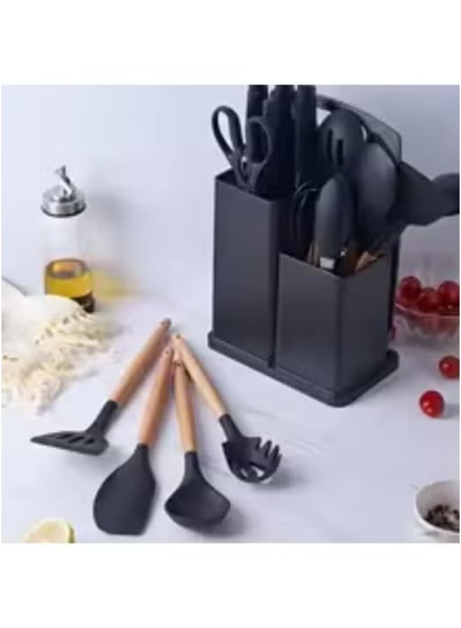 تايجر 19-Piece Silicone Kitchen Utensil Set with Heat-Resistant Wooden Handles – Includes Stainless Steel Knives, Chopping Board, Nonstick Spatula, Turner, Spoon, Whisk, Tongs & Measuring Cups – Durable, Food-Grade Cooking Tools for All Cookware – Stylish & Safe for Home Chefs  - Image 3