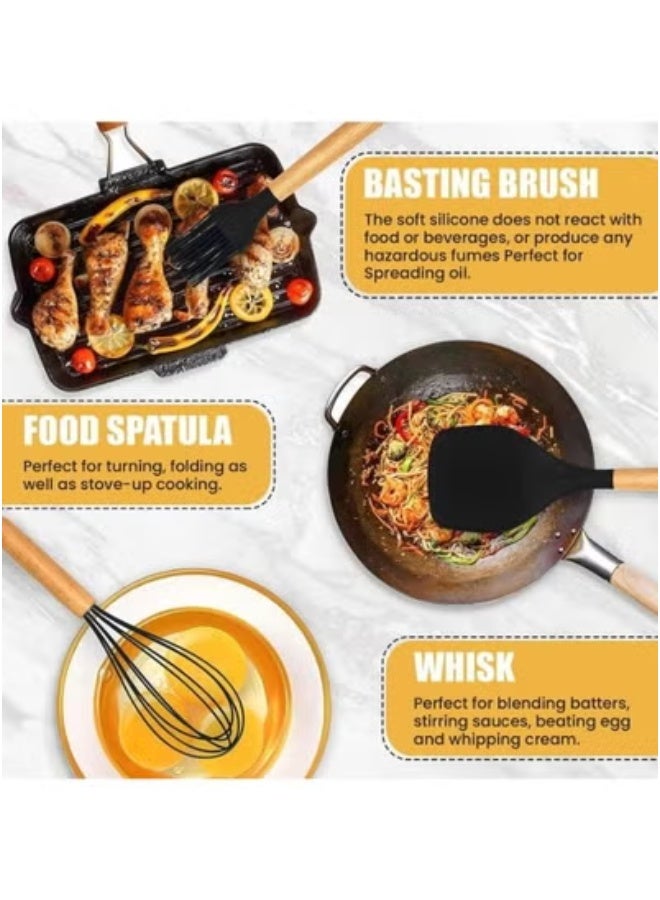 تايجر 19-Piece Silicone Kitchen Utensil Set with Heat-Resistant Wooden Handles – Includes Stainless Steel Knives, Chopping Board, Nonstick Spatula, Turner, Spoon, Whisk, Tongs & Measuring Cups – Durable, Food-Grade Cooking Tools for All Cookware – Stylish & Safe for Home Chefs  - Image 5