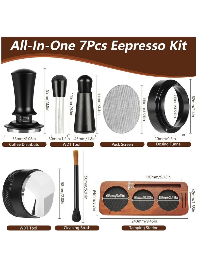 7 PCS Espresso Accessories, Espresso Machine Accessories Kit with WDT Tool, Coffee Tamper with Wood Espresso Tamping Station, Distributor, Stirrer, Dosing Funnel, Puck Screen, Brush (58mm) - Image 3