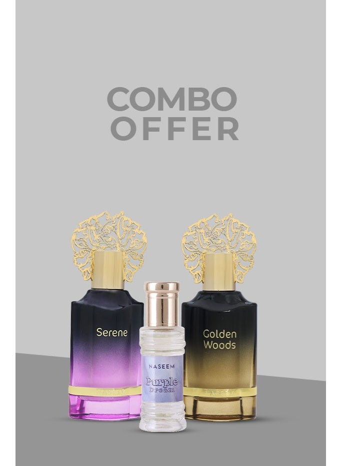Special Perfume Combo for Men & Women – Golden Woods EDP 55ml, Serene Aqua EDP 55ml & Purple Dream Roll-On 6ml – Pack of 3 Fragrances