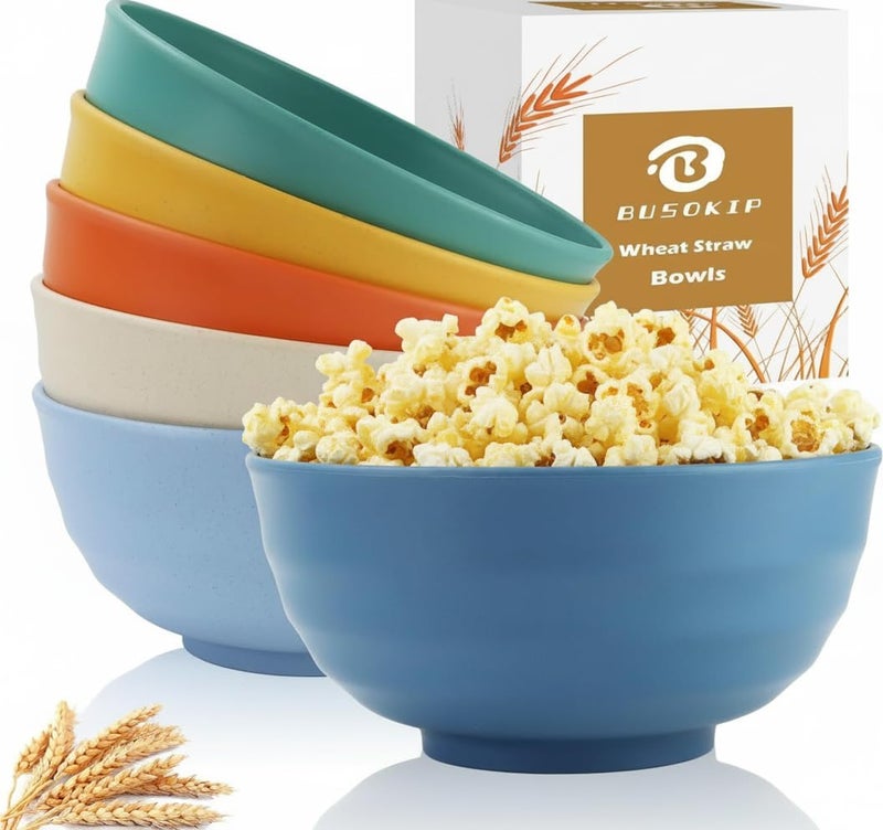 BUSOKIP Wheat Straw Bowls 60 OZ, Unbreakable Large Salad Bowls Set of 6, Microwave and Dishwasher Safe Big Popcorn Bowls, Plastic Serving Bowls for Eating, Soup, Cereal and Salad (Multi Colors) - Image 1
