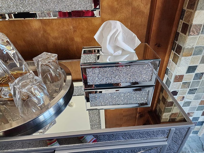 Wocred Rectangular Mirrored Tissue Box Cover,Crystal Crushed Diamond Tissue Box,Silver Luxury Tissue Holders for Either Tissues in a Bathroom or Napkins on a Table.(10”x5.7”x4”) - Image 2