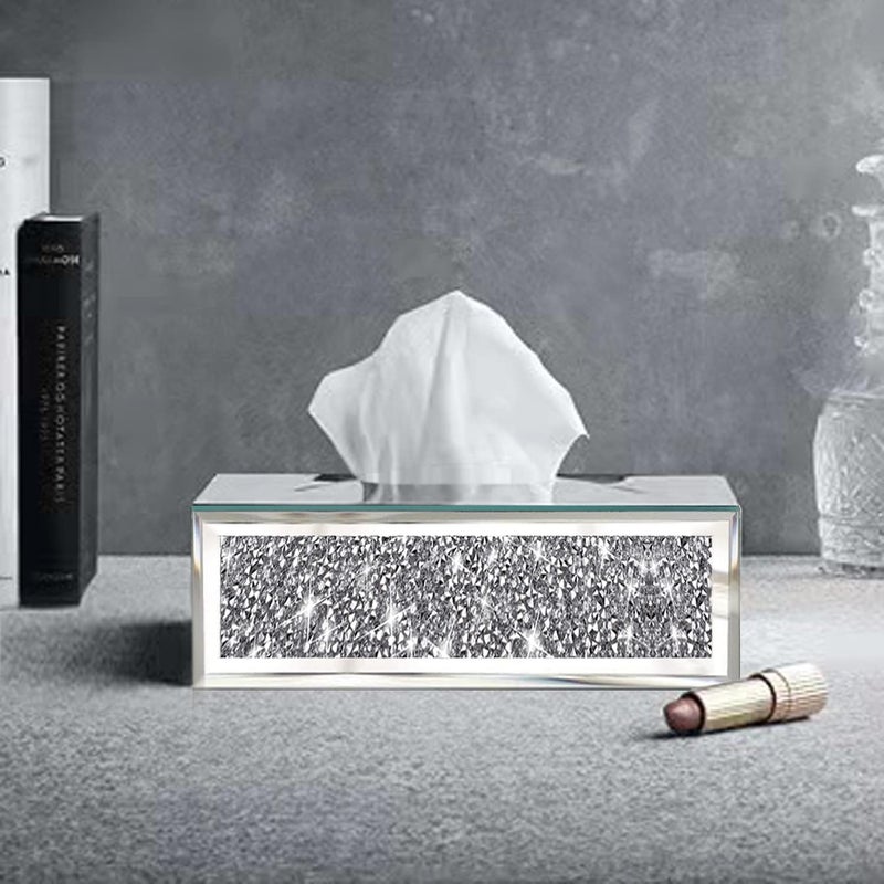Wocred Rectangular Mirrored Tissue Box Cover,Crystal Crushed Diamond Tissue Box,Silver Luxury Tissue Holders for Either Tissues in a Bathroom or Napkins on a Table.(10”x5.7”x4”) - Image 3