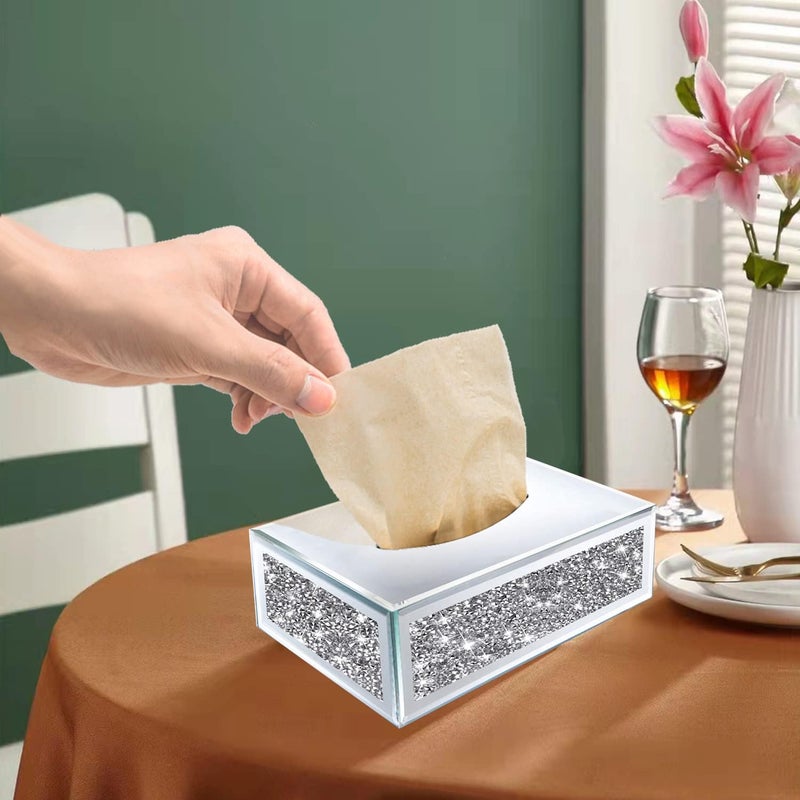 Wocred Rectangular Mirrored Tissue Box Cover,Crystal Crushed Diamond Tissue Box,Silver Luxury Tissue Holders for Either Tissues in a Bathroom or Napkins on a Table.(10”x5.7”x4”) - Image 4