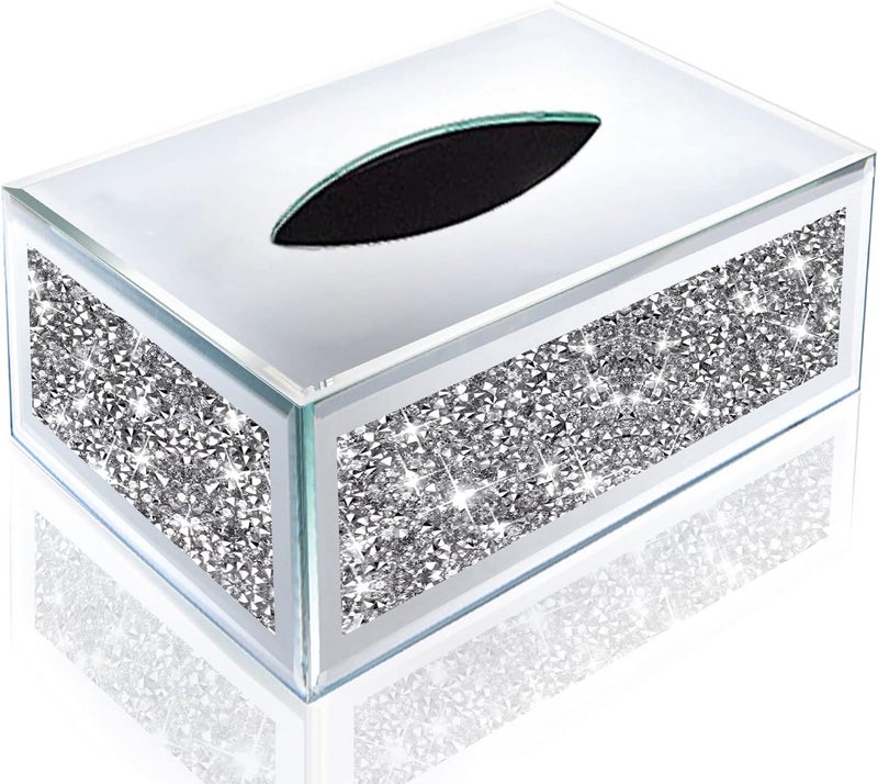 Wocred Rectangular Mirrored Tissue Box Cover,Crystal Crushed Diamond Tissue Box,Silver Luxury Tissue Holders for Either Tissues in a Bathroom or Napkins on a Table.(10”x5.7”x4”) - Image 1