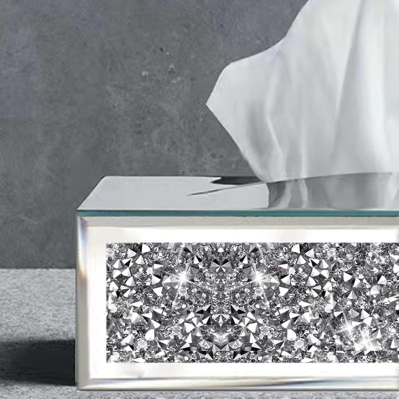 Wocred Rectangular Mirrored Tissue Box Cover,Crystal Crushed Diamond Tissue Box,Silver Luxury Tissue Holders for Either Tissues in a Bathroom or Napkins on a Table.(10”x5.7”x4”) - Image 5