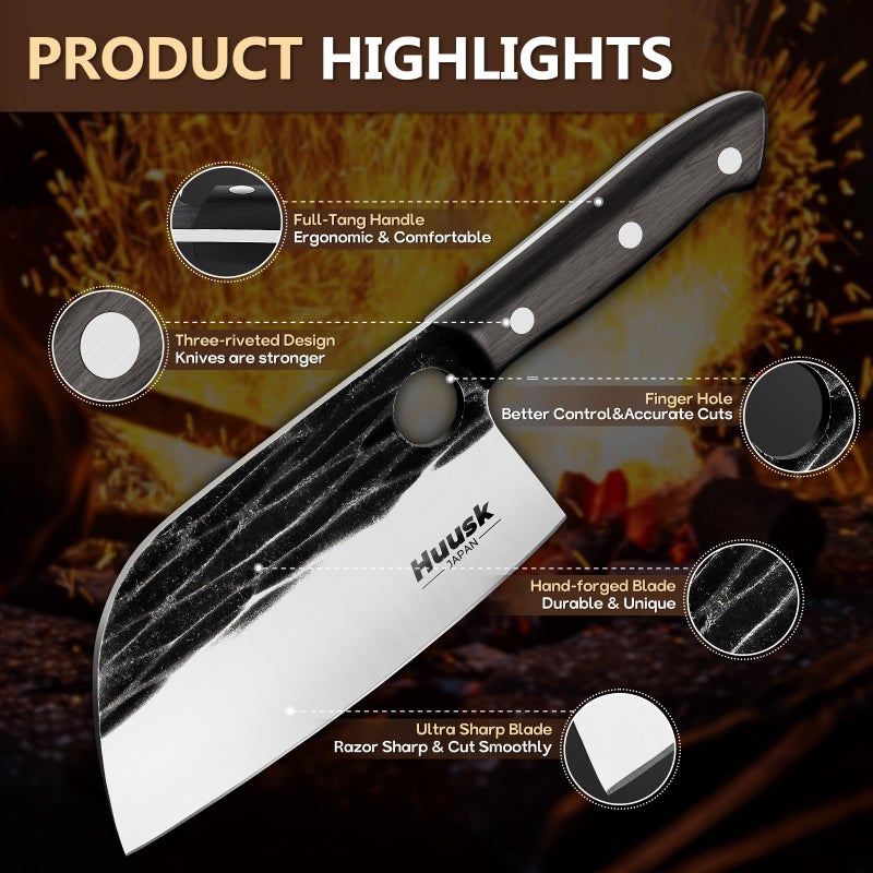 Huusk Serbian Chef Knife Hand Forged Meat Cleaver with Sheath High Carbon Steel Full Tang Knife Heavy Duty Butcher Knife for Kitchen or Camping Outdoor Christmas Gifts Gifts for Dad - Image 3