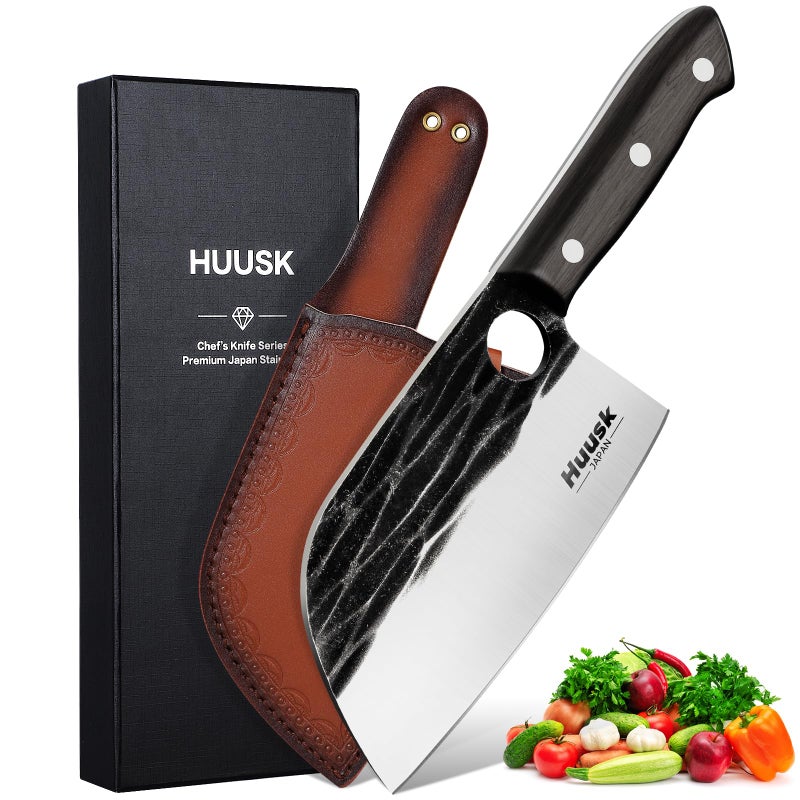 Huusk Serbian Chef Knife Hand Forged Meat Cleaver with Sheath High Carbon Steel Full Tang Knife Heavy Duty Butcher Knife for Kitchen or Camping Outdoor Christmas Gifts Gifts for Dad - Image 1