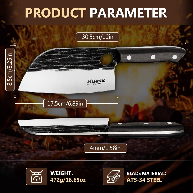 Huusk Serbian Chef Knife Hand Forged Meat Cleaver with Sheath High Carbon Steel Full Tang Knife Heavy Duty Butcher Knife for Kitchen or Camping Outdoor Christmas Gifts Gifts for Dad - Image 5