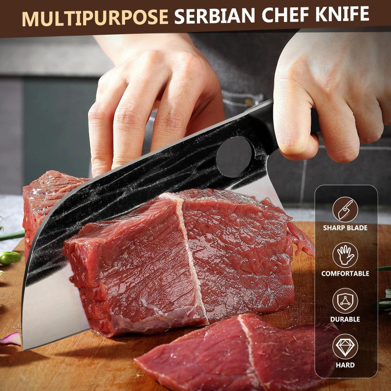 Huusk Serbian Chef Knife Hand Forged Meat Cleaver with Sheath High Carbon Steel Full Tang Knife Heavy Duty Butcher Knife for Kitchen or Camping Outdoor Christmas Gifts Gifts for Dad - Image 2