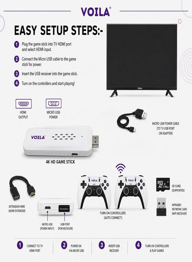 Voila M22 Retro Video Game Console for TV, Plug & Play Gaming Stick with Wireless Controller, 1080P HD HDMI Output, 64GB Storage, Portable Retro Gaming System, CE ROHS BIS Certified - Image 4