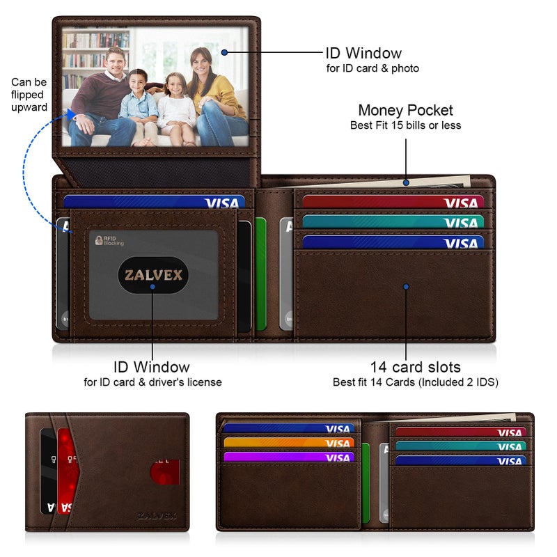 ZALVEX Wallet for Men Slim RFID Blocking Leather Credit Card Holder Wallet for 14 Cards, Bifold Minimalist Thin Wallet with 2 ID Windows & Cash Slot, Front Pockt Carteras Para Hombres, Birthday Gifts for Men - Image 2