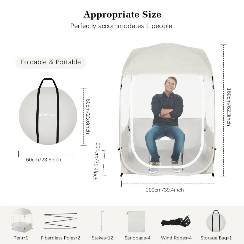 Raynesys Sports Tent for 1 Person, Portable & Foldable Pop Up Tents Shelter with Carry Bag, Instant Weather Proof Clear View Bubble Tent for Watching Sports Events, Fishing, Camping, Beige - Image 2