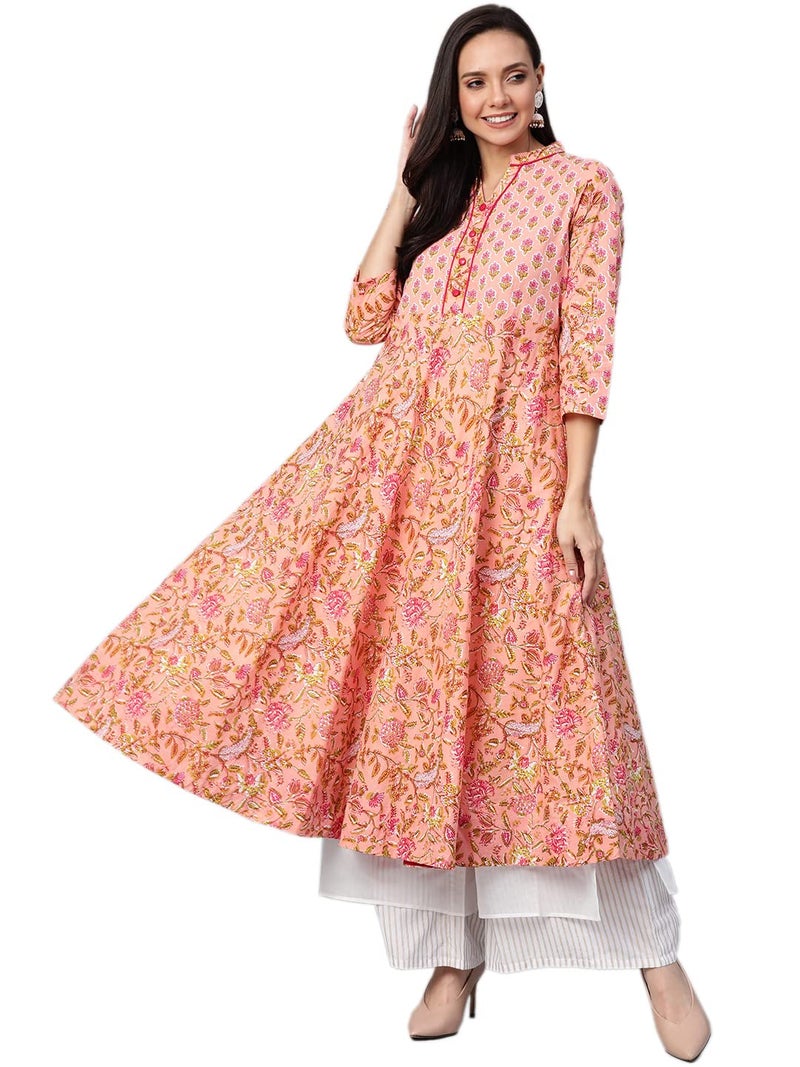Yash Gallery كورتا أناركالي مزخرف بالزهور من قطن ياش غاليري للنساء (وردي) - Image 1