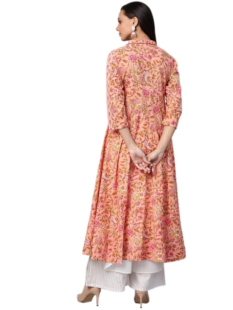 Yash Gallery كورتا أناركالي مزخرف بالزهور من قطن ياش غاليري للنساء (وردي) - Image 4