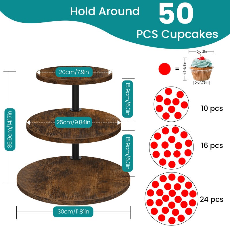 ELITEROO 3 Tier Cupcake Stand for 50 Cupcakes, Rotating Wooden Cake Stand, Rustic Dessert Display Tower with Tiered Trays, Round Cupcake Holder for Wedding Birthday Baby Shower Tea Party, 2 Pack - Image 5