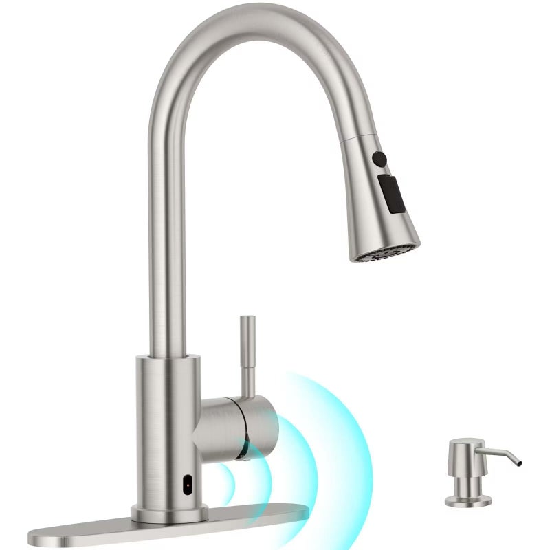 APPASO Touchless Kitchen Faucet Brushed Nickel Motion Sensor Sink Faucets with Soap Dispenser and Pull Down Sprayer 3 Modes Activated Hands Free Faucet for Sink with cUPCCertified Hoses