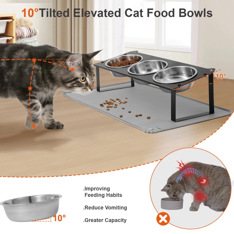 HOVNKUT Elevated Cat Bowls with Food Mat, 10Â°Tilted Non-Slip Raised Cat Food Water Bowls Set, 3 Thick Stainless Steel Pets Dishes with Cute Metal Feeding Stand for Indoor Kitten Puppy, Anti-Vomiting - Image 2