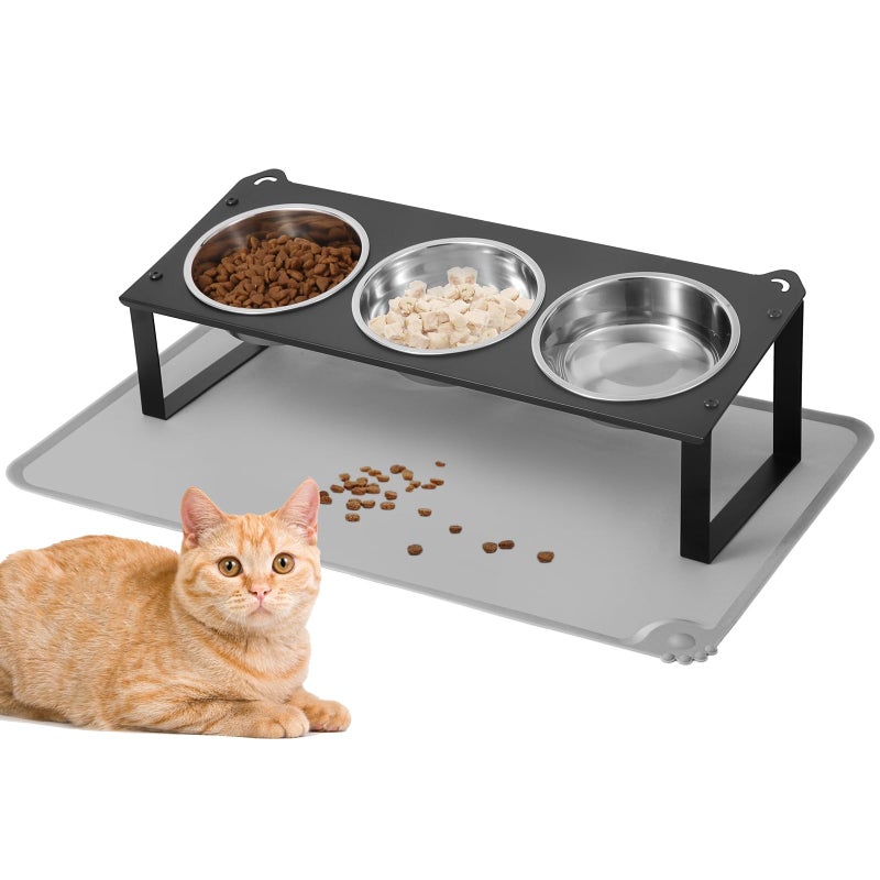 HOVNKUT Elevated Cat Bowls with Food Mat, 10Â°Tilted Non-Slip Raised Cat Food Water Bowls Set, 3 Thick Stainless Steel Pets Dishes with Cute Metal Feeding Stand for Indoor Kitten Puppy, Anti-Vomiting - Image 1