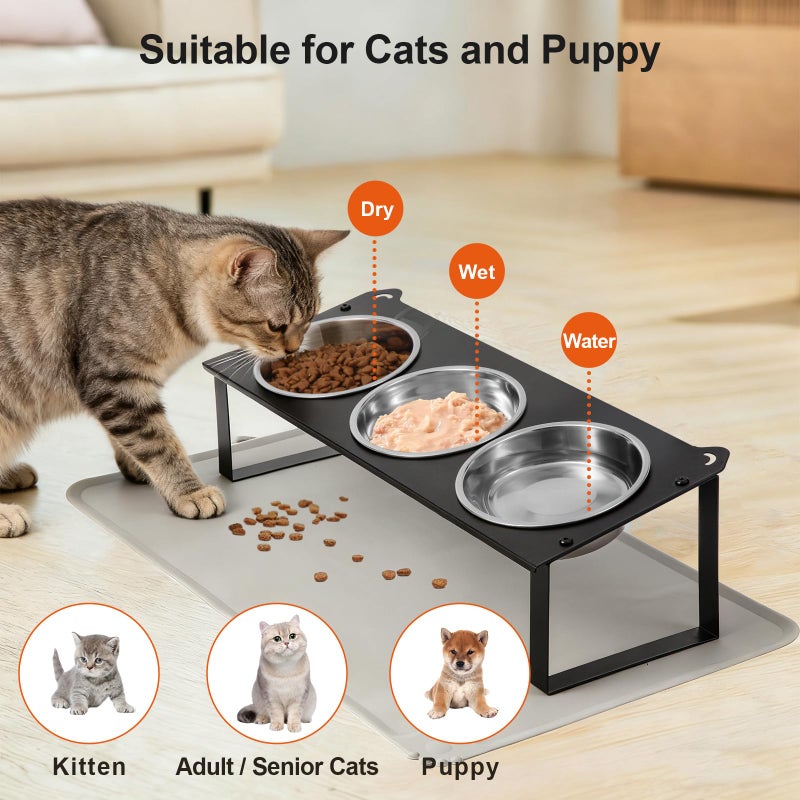HOVNKUT Elevated Cat Bowls with Food Mat, 10Â°Tilted Non-Slip Raised Cat Food Water Bowls Set, 3 Thick Stainless Steel Pets Dishes with Cute Metal Feeding Stand for Indoor Kitten Puppy, Anti-Vomiting - Image 3