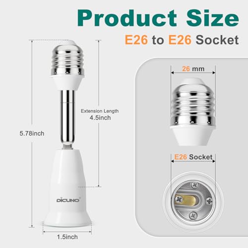 DiCUNO Light Socket Extender, E26 Light Bulb Extender, 4.5 Inch Extension, Adjustable Socket Extension Adapter, 180° Bendable, 350° Rotatable, Medium Screw Base, 6-Pack - Image 3