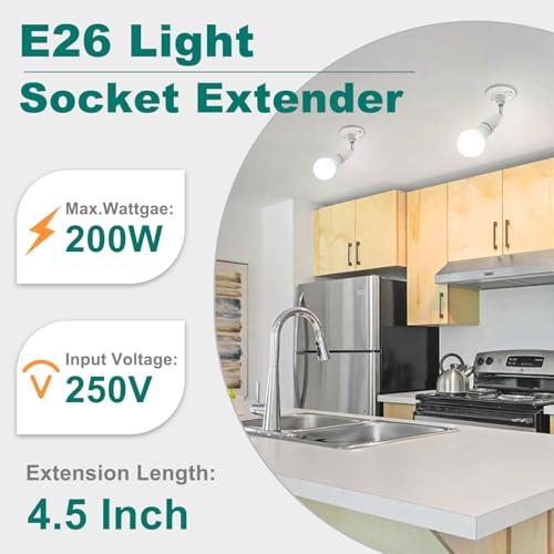 DiCUNO Light Socket Extender, E26 Light Bulb Extender, 4.5 Inch Extension, Adjustable Socket Extension Adapter, 180° Bendable, 350° Rotatable, Medium Screw Base, 6-Pack - Image 2