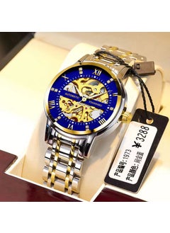 Generic New Mens Hollow Automatic Watch Calendar Waterproof Luminous Large DialHollow mechanical watch-gold and blue surface Hollow mechanical watch-gold and blue surface 
