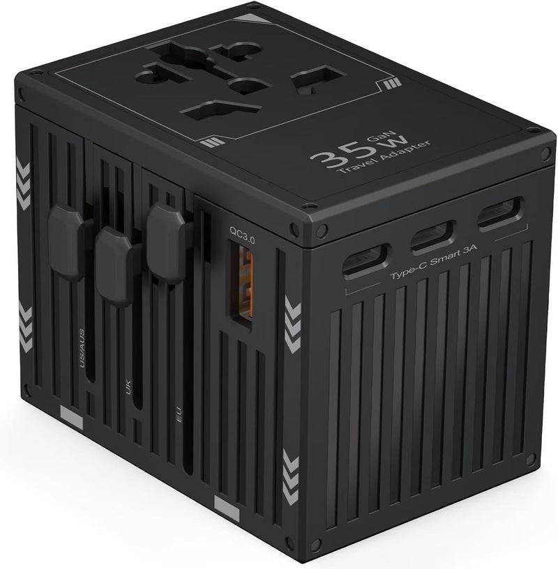 لوف نوف محول سفر عالمي 35 واط، محول قابس عالمي متعدد الاستخدامات مع 4 منافذ USB-C ومنفذ USB-A واحد، شحن سريع PD، يغطي أكثر من 200 دولة بما في ذلك المملكة المتحدة والاتحاد الأوروبي والولايات المتحدة وأستراليا (أسود - 35 واط) - Image 1