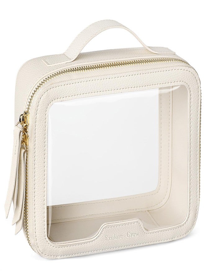 PACKISM Medium Clear Makeup Bag - PU Leather Clear Travel Bags for Toiletries Car Bag for Essentials, with Message Card Cosmetic Bags Makeup Case for Women Gift (Cream Medium) - Image 1