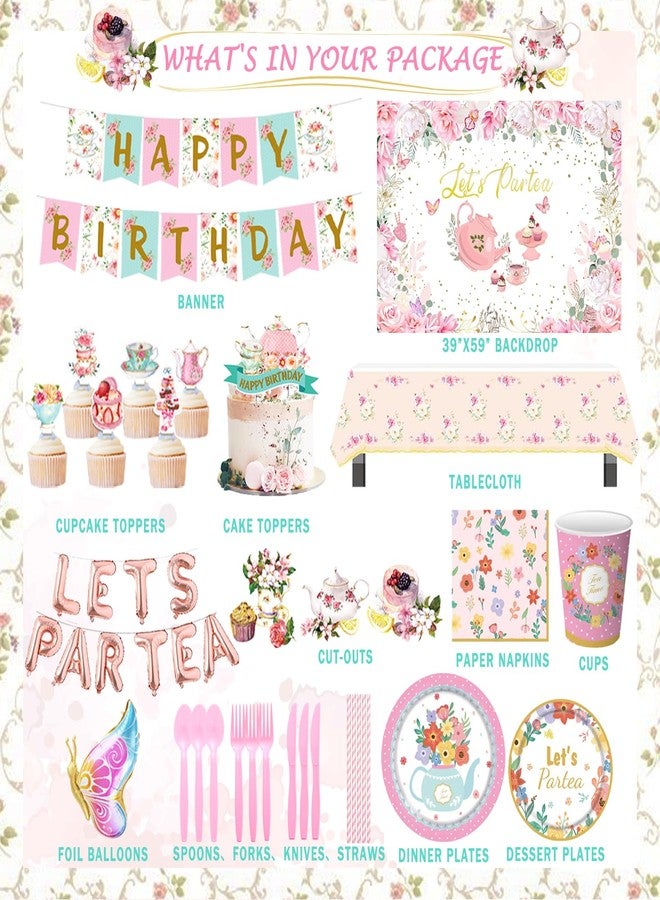 Fiesec Tea Party Decorations, Lets Par Tea Supplies with Teapot Floral Backdrop Balloon Banner Tablecloth Tableware Plates Napkins Cups Straws Knives Forks Spoons for Birthday Baby Shower - Image 2