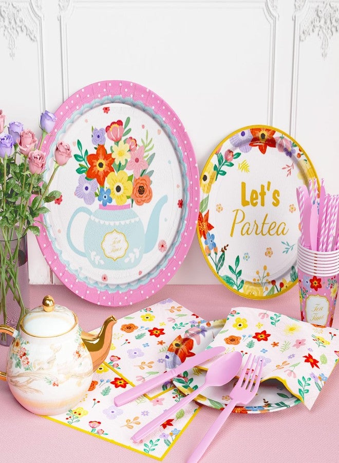 Fiesec Tea Party Decorations, Lets Par Tea Supplies with Teapot Floral Backdrop Balloon Banner Tablecloth Tableware Plates Napkins Cups Straws Knives Forks Spoons for Birthday Baby Shower - Image 5
