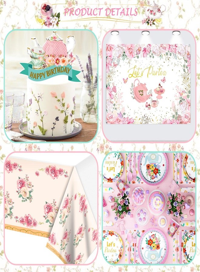 Fiesec Tea Party Decorations, Lets Par Tea Supplies with Teapot Floral Backdrop Balloon Banner Tablecloth Tableware Plates Napkins Cups Straws Knives Forks Spoons for Birthday Baby Shower - Image 4