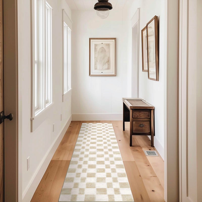 EVERGRACE Checkered Plaid Area Rug, Soft Fuzzy Faux Wool, 2x8, Washable Anti Slip Long Runner Carpet for Entryway, Bedroom, Living Room, Hallway, Kitchen, Dining Room and Laundry, Beige - Image 2