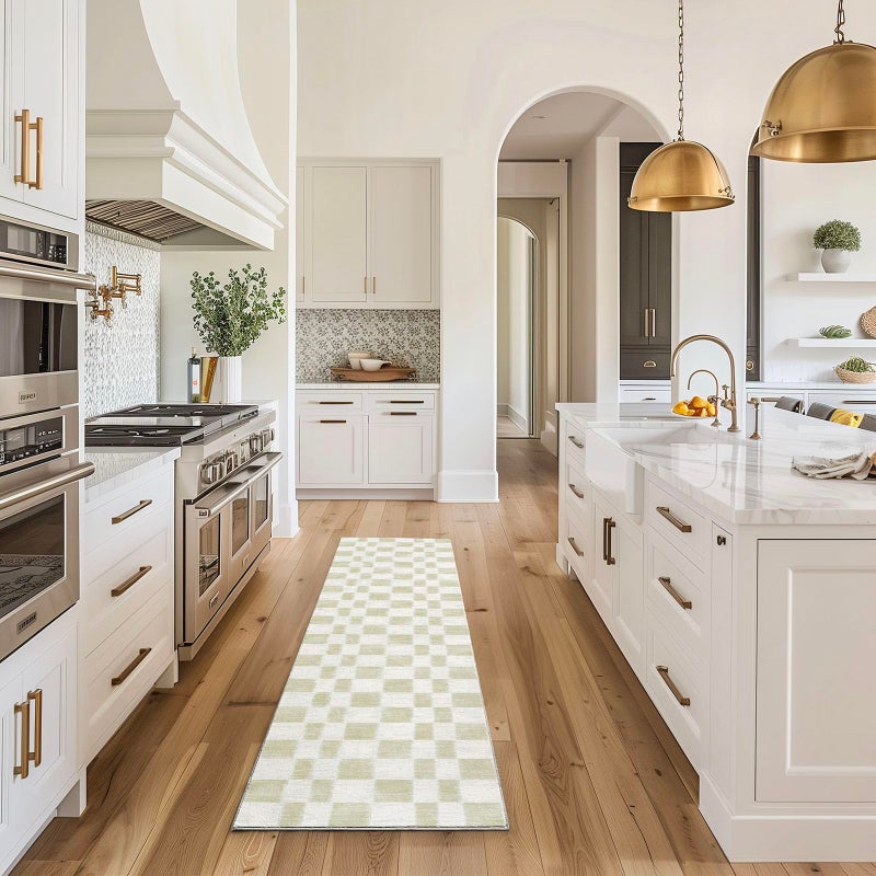 EVERGRACE Checkered Plaid Area Rug, Soft Fuzzy Faux Wool, 2x8, Washable Anti Slip Long Runner Carpet for Entryway, Bedroom, Living Room, Hallway, Kitchen, Dining Room and Laundry, Beige - Image 1