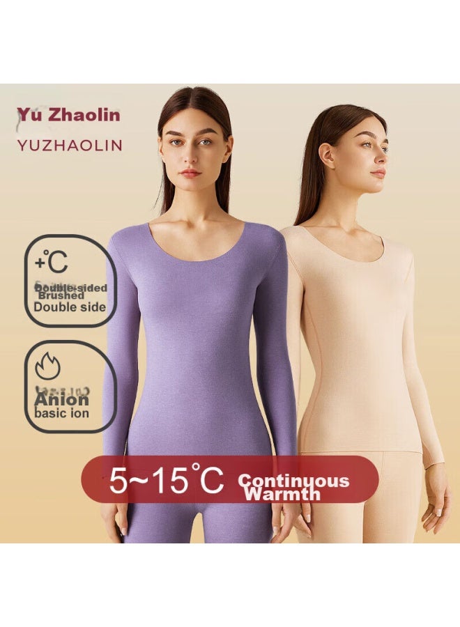 Yuzhaolin Women's Thermal Underwear, Double-sided Brushed Fleece, Seamless, Cationic, Autumn Top And Pants, Customizable Cut, Base Layer, Warm Set