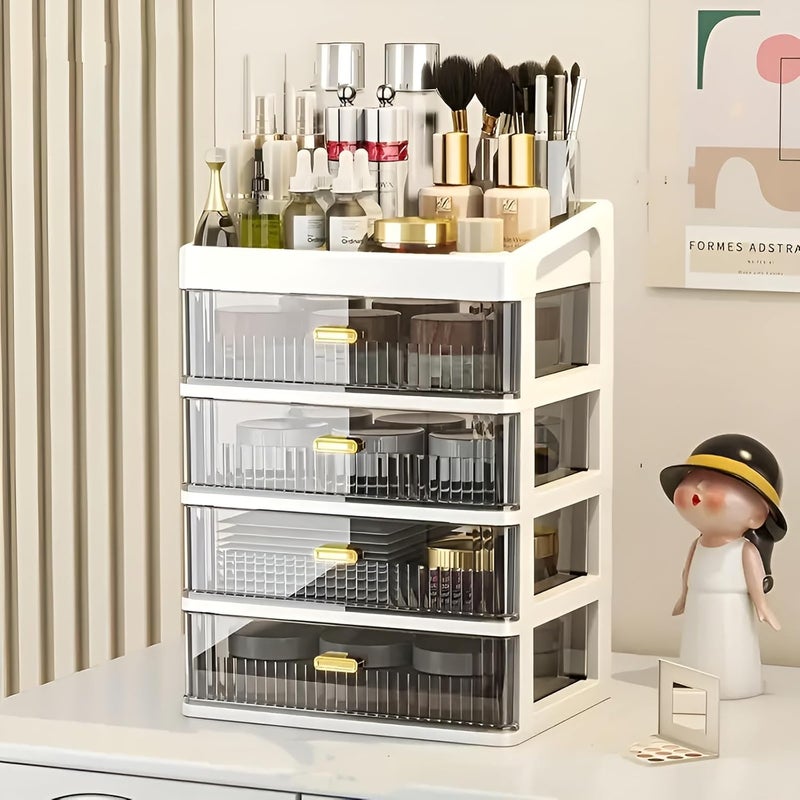 KREPS Desk Makeup Organizer, Plastic Storage Box with Sliding Drawer, Stylish Display Case for Cosmetics, Lotion, Nail Polish,Brushes,and Jewelry (4 - Layer, White) - Image 2