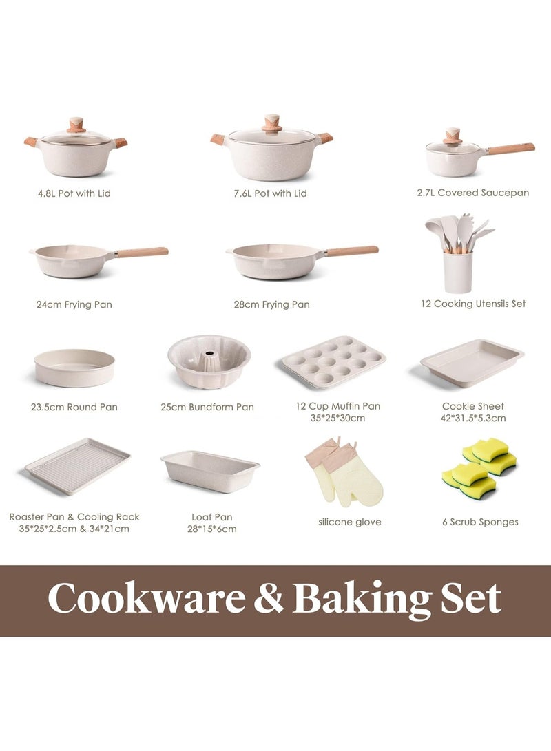 طقم أواني مطبخ ٢٧ قطعة، مقالي وطناجر غير لاصقة، مقالي وطناجر حجرية غير لاصقة مع ملعقة وملعقة تحريك، متوافق مع الحث، لون بيج - Image 2