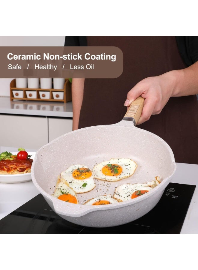 طقم أواني مطبخ ٢٧ قطعة، مقالي وطناجر غير لاصقة، مقالي وطناجر حجرية غير لاصقة مع ملعقة وملعقة تحريك، متوافق مع الحث، لون بيج - Image 4